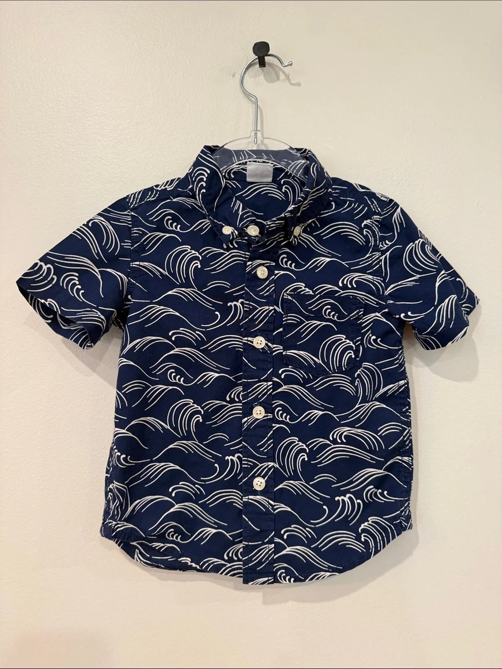 GAP Navy Button-Down Shirt with White Wave Print 100% Cotton 2t
